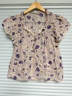 Self Contrast  Tie-Neck Cotton Blouse - Purple on Pink - L